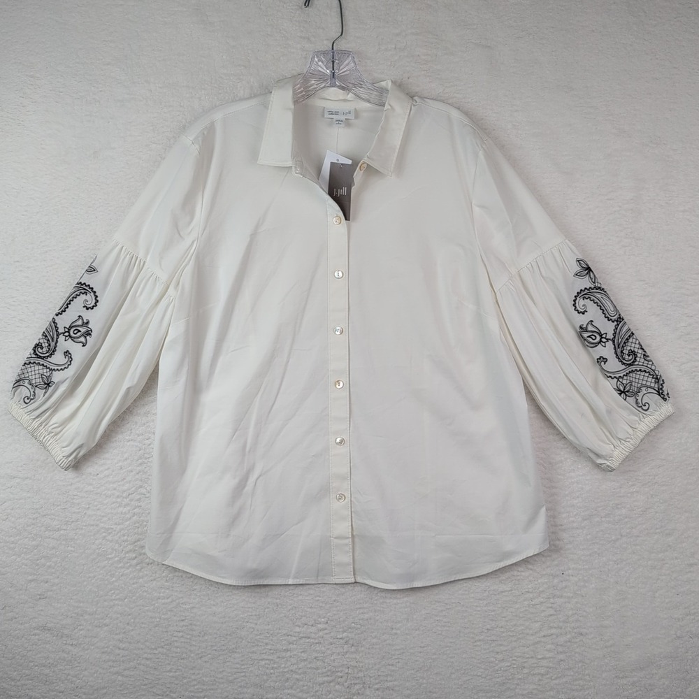 NWT J Jill Whiteā Button Up Shirt Large PETITE Puff Sleeve Paisley Embroidered